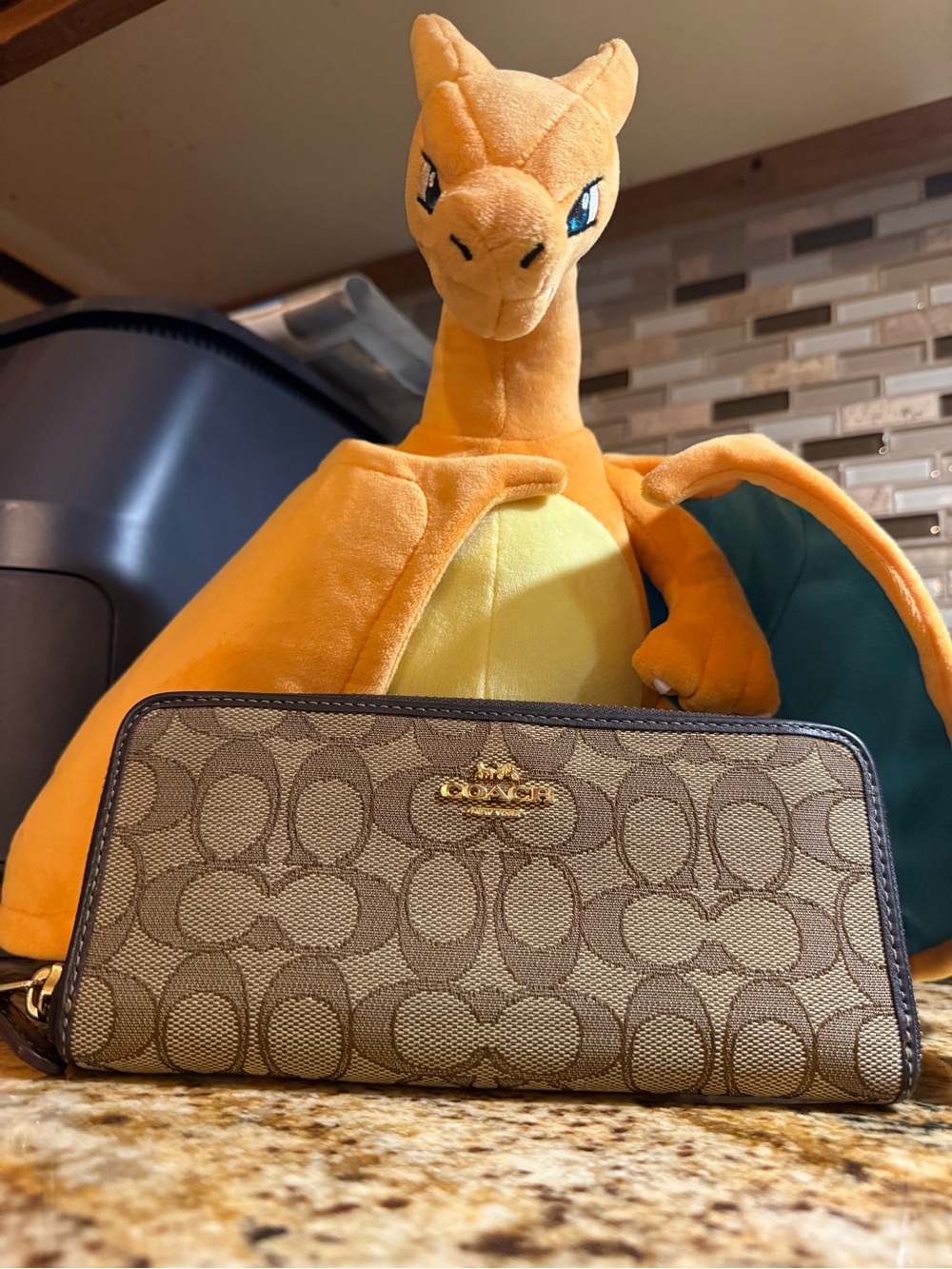 Coach Brown Signature Zip-Around Wallet with Dark Trim